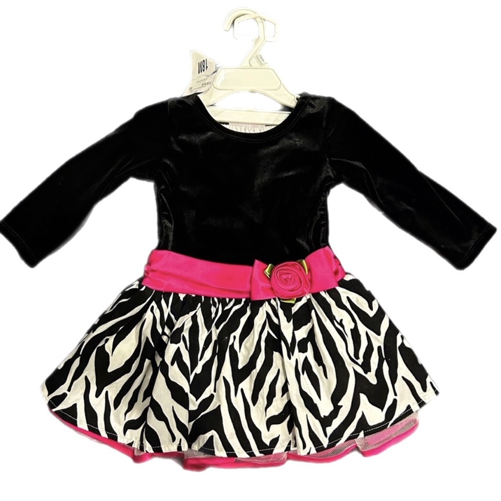 🌸 NWT Baby Dress zebra tulle bottom black velvet top . pink bow size 18 months